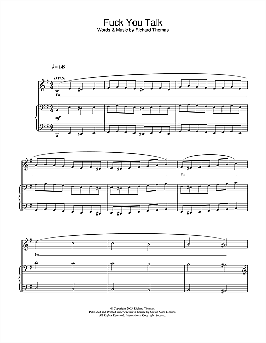 Preview Richard Thomas Fuck You Talk (from Jerry Springer The Opera) Musicals sheet music, notes and chords for Piano, Vocal & Guitar, SKU: 33043 sheet music, piano notes, chords, guitar tabs, score, transpose, transcribe, how to play, guide, download, learn, tutorial, progression, song, artist, awards, billboard, mtv, vh1, tour, single, album, release
