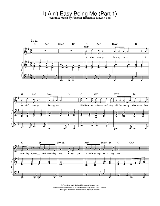 Preview Richard Thomas It Ain't Easy Being Me (Part 1) (from Jerry Springer The Opera) Musicals sheet music, notes and chords for Piano, Vocal & Guitar, SKU: 33044 sheet music, piano notes, chords, guitar tabs, score, transpose, transcribe, how to play, guide, download, learn, tutorial, progression, song, artist, awards, billboard, mtv, vh1, tour, single, album, release