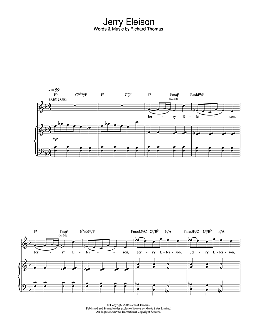 Preview Richard Thomas Jerry Eleison (from Jerry Springer The Opera) Musicals sheet music, notes and chords for Piano, Vocal & Guitar, SKU: 33045 sheet music, piano notes, chords, guitar tabs, score, transpose, transcribe, how to play, guide, download, learn, tutorial, progression, song, artist, awards, billboard, mtv, vh1, tour, single, album, release