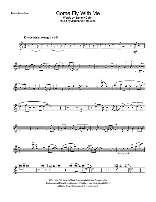 Preview Frank Sinatra Come Fly With Me Jazz sheet music, notes and chords for Tenor Saxophone, SKU: 33052 sheet music, piano notes, chords, guitar tabs, score, transpose, transcribe, how to play, guide, download, learn, tutorial, progression, song, artist, awards, billboard, mtv, vh1, tour, single, album, release