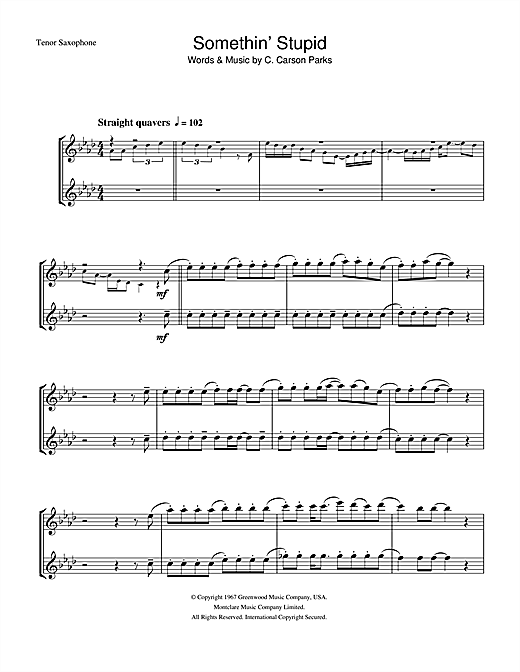 Preview Frank Sinatra Somethin' Stupid Jazz sheet music, notes and chords for Tenor Saxophone, SKU: 33053 sheet music, piano notes, chords, guitar tabs, score, transpose, transcribe, how to play, guide, download, learn, tutorial, progression, song, artist, awards, billboard, mtv, vh1, tour, single, album, release