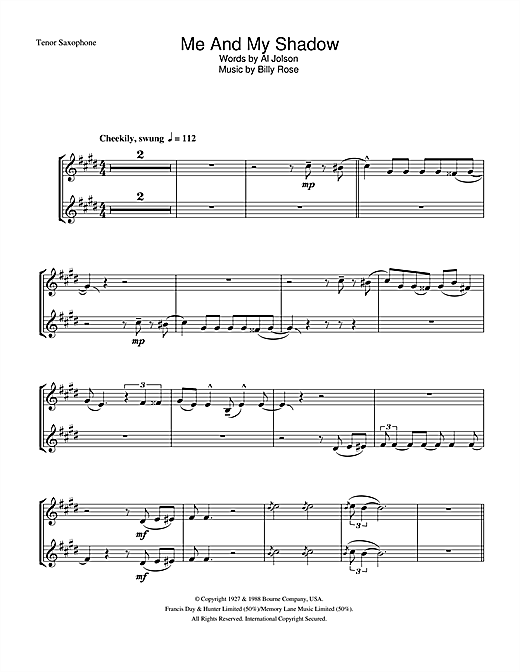Preview Frank Sinatra Me And My Shadow Jazz sheet music, notes and chords for Tenor Saxophone, SKU: 33054 sheet music, piano notes, chords, guitar tabs, score, transpose, transcribe, how to play, guide, download, learn, tutorial, progression, song, artist, awards, billboard, mtv, vh1, tour, single, album, release