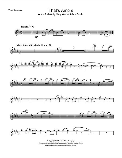 Preview Dean Martin That's Amore Jazz sheet music, notes and chords for Tenor Saxophone, SKU: 33057 sheet music, piano notes, chords, guitar tabs, score, transpose, transcribe, how to play, guide, download, learn, tutorial, progression, song, artist, awards, billboard, mtv, vh1, tour, single, album, release