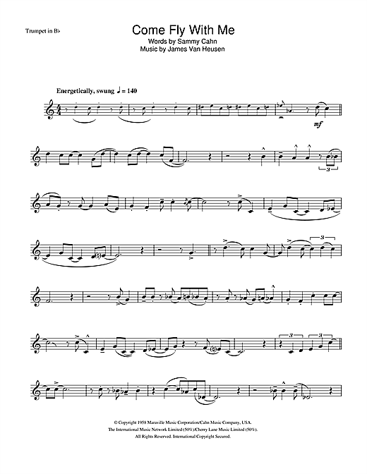Preview Frank Sinatra Come Fly With Me Jazz sheet music, notes and chords for Trumpet, SKU: 33063 sheet music, piano notes, chords, guitar tabs, score, transpose, transcribe, how to play, guide, download, learn, tutorial, progression, song, artist, awards, billboard, mtv, vh1, tour, single, album, release