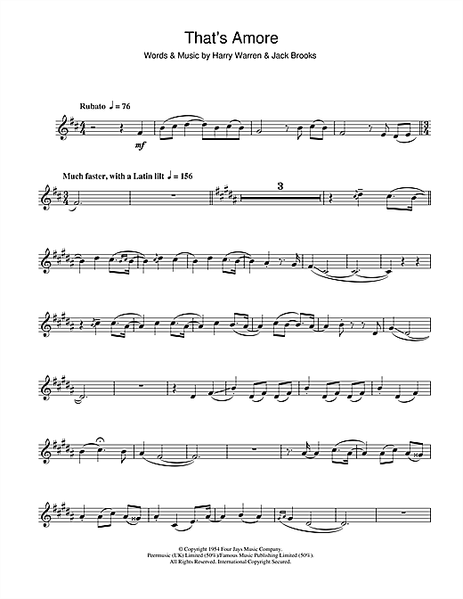 Preview Dean Martin That's Amore Jazz sheet music, notes and chords for Trumpet, SKU: 33068 sheet music, piano notes, chords, guitar tabs, score, transpose, transcribe, how to play, guide, download, learn, tutorial, progression, song, artist, awards, billboard, mtv, vh1, tour, single, album, release