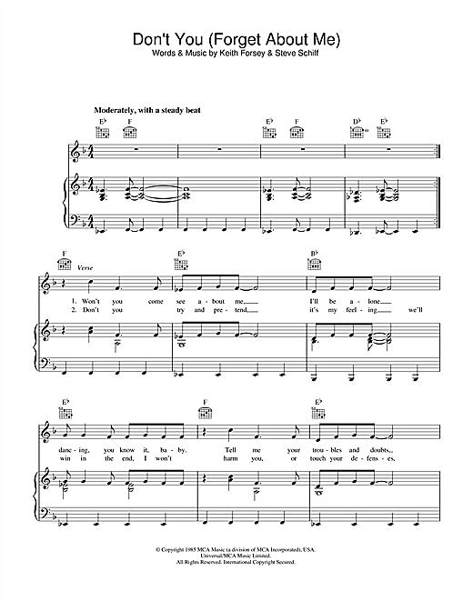 Preview Simple Minds Don't You (Forget About Me) Pop sheet music, notes and chords for Piano, Vocal & Guitar (Right-Hand Melody), SKU: 33073 sheet music, piano notes, chords, guitar tabs, score, transpose, transcribe, how to play, guide, download, learn, tutorial, progression, song, artist, awards, billboard, mtv, vh1, tour, single, album, release