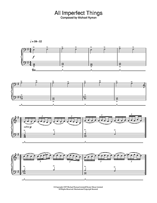 Preview Michael Nyman All Imperfect Things (from The Piano) Film and TV sheet music, notes and chords for Piano, SKU: 33084 sheet music, piano notes, chords, guitar tabs, score, transpose, transcribe, how to play, guide, download, learn, tutorial, progression, song, artist, awards, billboard, mtv, vh1, tour, single, album, release
