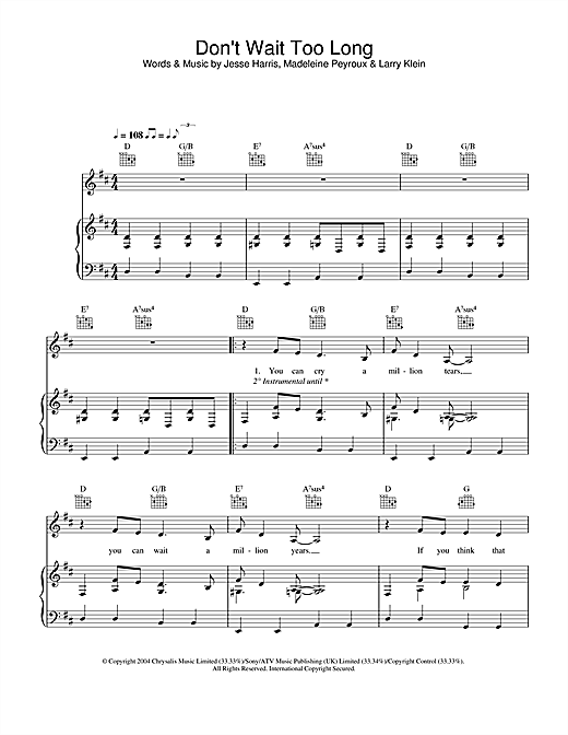Preview Madeleine Peyroux Don't Wait Too Long Jazz sheet music, notes and chords for Piano, Vocal & Guitar (Right-Hand Melody), SKU: 33085 sheet music, piano notes, chords, guitar tabs, score, transpose, transcribe, how to play, guide, download, learn, tutorial, progression, song, artist, awards, billboard, mtv, vh1, tour, single, album, release