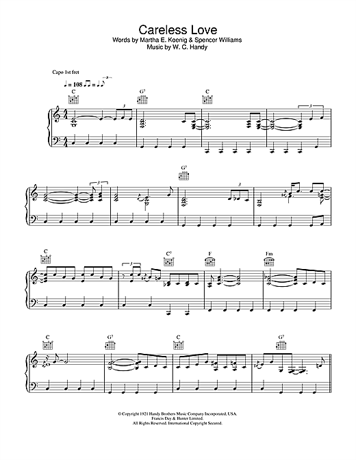 Preview Madeleine Peyroux Careless Love Jazz sheet music, notes and chords for Piano, Vocal & Guitar (Right-Hand Melody), SKU: 33092 sheet music, piano notes, chords, guitar tabs, score, transpose, transcribe, how to play, guide, download, learn, tutorial, progression, song, artist, awards, billboard, mtv, vh1, tour, single, album, release
