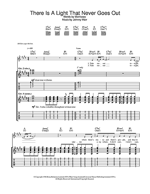Preview The Smiths There Is A Light That Never Goes Out Indie sheet music, notes and chords for Guitar Tab, SKU: 33093 sheet music, piano notes, chords, guitar tabs, score, transpose, transcribe, how to play, guide, download, learn, tutorial, progression, song, artist, awards, billboard, mtv, vh1, tour, single, album, release