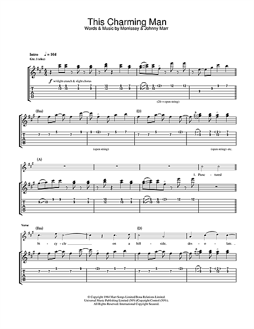 Preview The Smiths This Charming Man Indie sheet music, notes and chords for Guitar Tab, SKU: 33094 sheet music, piano notes, chords, guitar tabs, score, transpose, transcribe, how to play, guide, download, learn, tutorial, progression, song, artist, awards, billboard, mtv, vh1, tour, single, album, release