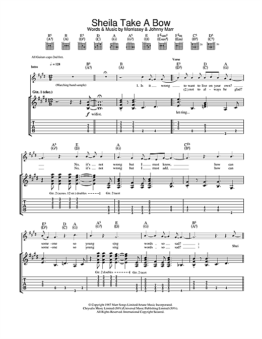 Preview The Smiths Sheila Take A Bow Indie sheet music, notes and chords for Guitar Tab, SKU: 33096 sheet music, piano notes, chords, guitar tabs, score, transpose, transcribe, how to play, guide, download, learn, tutorial, progression, song, artist, awards, billboard, mtv, vh1, tour, single, album, release