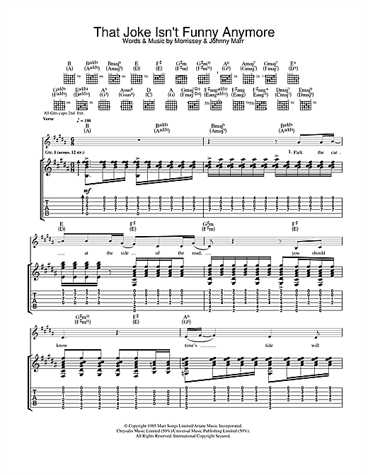 Preview The Smiths That Joke Isn't Funny Anymore Indie sheet music, notes and chords for Guitar Tab, SKU: 33099 sheet music, piano notes, chords, guitar tabs, score, transpose, transcribe, how to play, guide, download, learn, tutorial, progression, song, artist, awards, billboard, mtv, vh1, tour, single, album, release