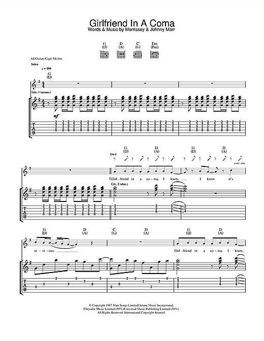 Preview The Smiths Girlfriend In A Coma Indie sheet music, notes and chords for Guitar Tab, SKU: 33105 sheet music, piano notes, chords, guitar tabs, score, transpose, transcribe, how to play, guide, download, learn, tutorial, progression, song, artist, awards, billboard, mtv, vh1, tour, single, album, release