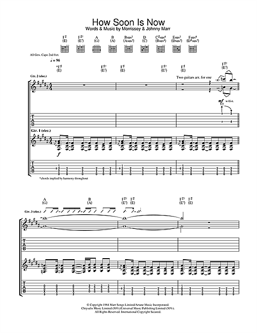 Preview The Smiths How Soon Is Now? Indie sheet music, notes and chords for Guitar Tab, SKU: 33107 sheet music, piano notes, chords, guitar tabs, score, transpose, transcribe, how to play, guide, download, learn, tutorial, progression, song, artist, awards, billboard, mtv, vh1, tour, single, album, release