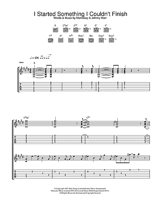 Preview The Smiths I Started Something I Couldn't Finish Indie sheet music, notes and chords for Guitar Tab, SKU: 33108 sheet music, piano notes, chords, guitar tabs, score, transpose, transcribe, how to play, guide, download, learn, tutorial, progression, song, artist, awards, billboard, mtv, vh1, tour, single, album, release