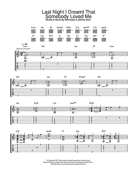Preview The Smiths Last Night I Dreamt That Somebody Loved Me Indie sheet music, notes and chords for Guitar Tab, SKU: 33109 sheet music, piano notes, chords, guitar tabs, score, transpose, transcribe, how to play, guide, download, learn, tutorial, progression, song, artist, awards, billboard, mtv, vh1, tour, single, album, release
