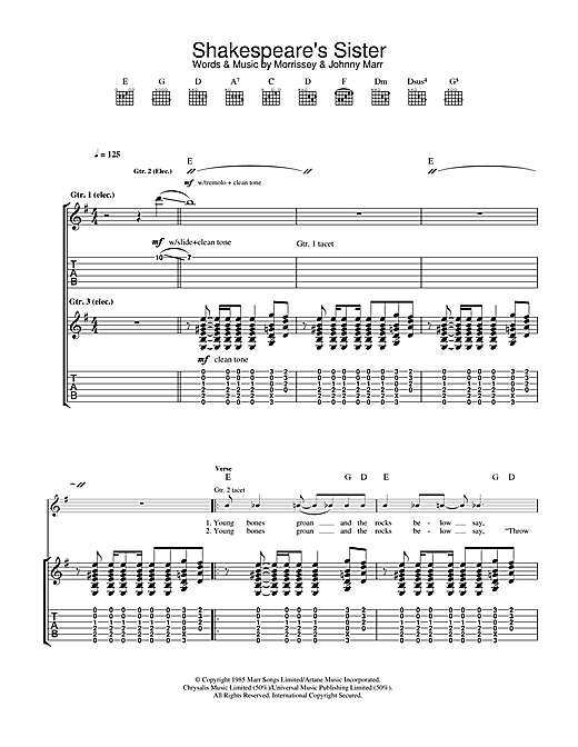 Preview The Smiths Shakespeare's Sister Indie sheet music, notes and chords for Guitar Tab, SKU: 33110 sheet music, piano notes, chords, guitar tabs, score, transpose, transcribe, how to play, guide, download, learn, tutorial, progression, song, artist, awards, billboard, mtv, vh1, tour, single, album, release