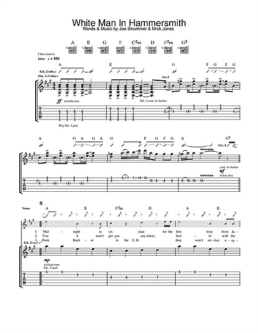 Preview The Clash White Man In Hammersmith Palais Rock sheet music, notes and chords for Guitar Tab, SKU: 33113 sheet music, piano notes, chords, guitar tabs, score, transpose, transcribe, how to play, guide, download, learn, tutorial, progression, song, artist, awards, billboard, mtv, vh1, tour, single, album, release