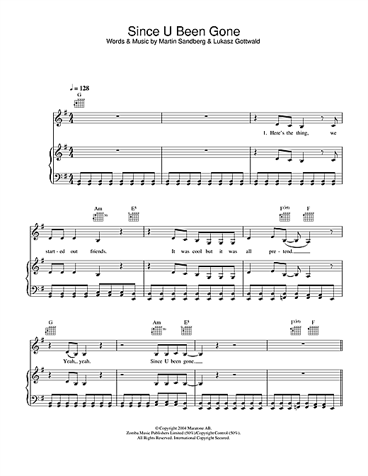 Preview Kelly Clarkson Since U Been Gone Rock sheet music, notes and chords for Piano, Vocal & Guitar (Right-Hand Melody), SKU: 33114 sheet music, piano notes, chords, guitar tabs, score, transpose, transcribe, how to play, guide, download, learn, tutorial, progression, song, artist, awards, billboard, mtv, vh1, tour, single, album, release
