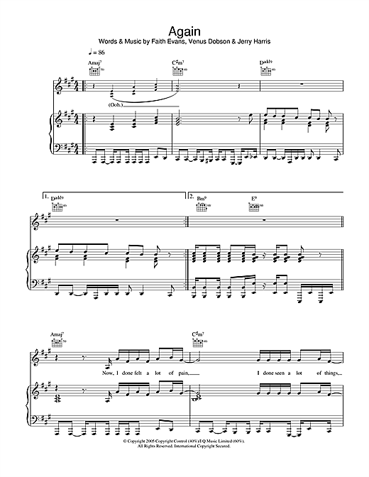 Preview Faith Evans Again Pop sheet music, notes and chords for Piano, Vocal & Guitar (Right-Hand Melody), SKU: 33115 sheet music, piano notes, chords, guitar tabs, score, transpose, transcribe, how to play, guide, download, learn, tutorial, progression, song, artist, awards, billboard, mtv, vh1, tour, single, album, release