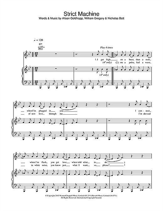 Preview Goldfrapp Strict Machine Pop sheet music, notes and chords for Piano, Vocal & Guitar (Right-Hand Melody), SKU: 33119 sheet music, piano notes, chords, guitar tabs, score, transpose, transcribe, how to play, guide, download, learn, tutorial, progression, song, artist, awards, billboard, mtv, vh1, tour, single, album, release