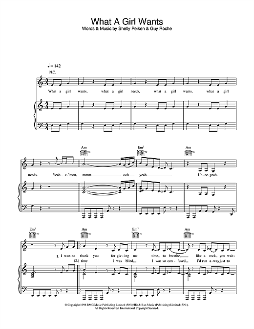 Preview Christina Aguilera What A Girl Wants R & B sheet music, notes and chords for Piano, Vocal & Guitar (Right-Hand Melody), SKU: 33121 sheet music, piano notes, chords, guitar tabs, score, transpose, transcribe, how to play, guide, download, learn, tutorial, progression, song, artist, awards, billboard, mtv, vh1, tour, single, album, release