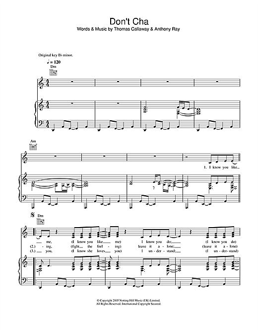 Preview Pussycat Dolls Don't Cha R & B sheet music, notes and chords for Piano, Vocal & Guitar (Right-Hand Melody), SKU: 33124 sheet music, piano notes, chords, guitar tabs, score, transpose, transcribe, how to play, guide, download, learn, tutorial, progression, song, artist, awards, billboard, mtv, vh1, tour, single, album, release