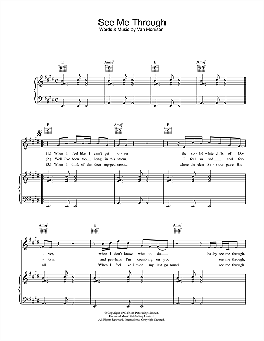 Preview Van Morrison See Me Through Soul sheet music, notes and chords for Piano, Vocal & Guitar, SKU: 33125 sheet music, piano notes, chords, guitar tabs, score, transpose, transcribe, how to play, guide, download, learn, tutorial, progression, song, artist, awards, billboard, mtv, vh1, tour, single, album, release
