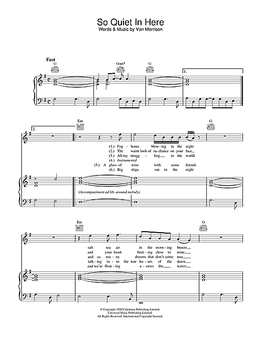 Preview Van Morrison So Quiet In Here Soul sheet music, notes and chords for Piano, Vocal & Guitar, SKU: 33126 sheet music, piano notes, chords, guitar tabs, score, transpose, transcribe, how to play, guide, download, learn, tutorial, progression, song, artist, awards, billboard, mtv, vh1, tour, single, album, release