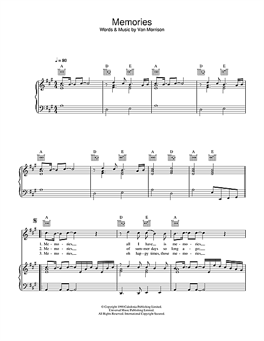 Preview Van Morrison Memories Soul sheet music, notes and chords for Piano, Vocal & Guitar (Right-Hand Melody), SKU: 33128 sheet music, piano notes, chords, guitar tabs, score, transpose, transcribe, how to play, guide, download, learn, tutorial, progression, song, artist, awards, billboard, mtv, vh1, tour, single, album, release