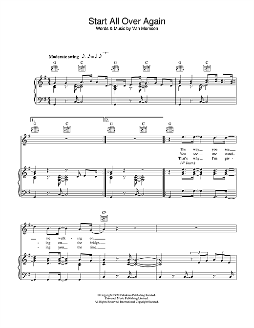 Preview Van Morrison Start All Over Again Soul sheet music, notes and chords for Piano, Vocal & Guitar, SKU: 33129 sheet music, piano notes, chords, guitar tabs, score, transpose, transcribe, how to play, guide, download, learn, tutorial, progression, song, artist, awards, billboard, mtv, vh1, tour, single, album, release