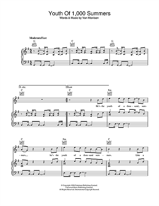 Preview Van Morrison Youth Of 1000 Summers Soul sheet music, notes and chords for Piano, Vocal & Guitar (Right-Hand Melody), SKU: 33130 sheet music, piano notes, chords, guitar tabs, score, transpose, transcribe, how to play, guide, download, learn, tutorial, progression, song, artist, awards, billboard, mtv, vh1, tour, single, album, release