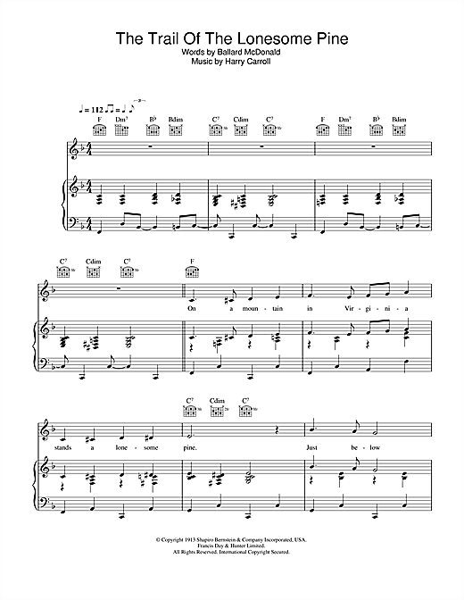 Preview Laurel and Hardy The Trail Of The Lonesome Pine Film and TV sheet music, notes and chords for Piano, Vocal & Guitar (Right-Hand Melody), SKU: 33133 sheet music, piano notes, chords, guitar tabs, score, transpose, transcribe, how to play, guide, download, learn, tutorial, progression, song, artist, awards, billboard, mtv, vh1, tour, single, album, release