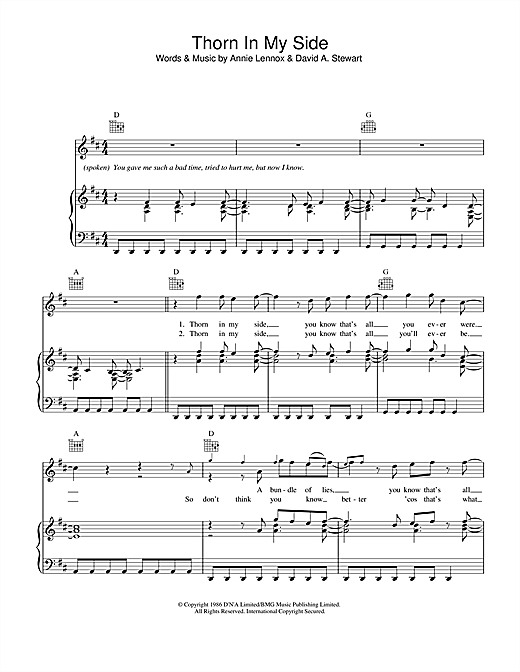 Preview Eurythmics Thorn In My Side Pop sheet music, notes and chords for Piano, Vocal & Guitar (Right-Hand Melody), SKU: 33134 sheet music, piano notes, chords, guitar tabs, score, transpose, transcribe, how to play, guide, download, learn, tutorial, progression, song, artist, awards, billboard, mtv, vh1, tour, single, album, release