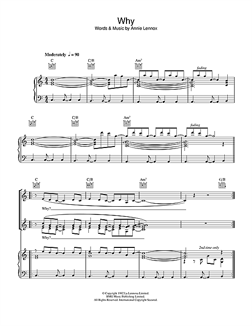 Preview Annie Lennox Why Pop sheet music, notes and chords for Piano, Vocal & Guitar (Right-Hand Melody), SKU: 33135 sheet music, piano notes, chords, guitar tabs, score, transpose, transcribe, how to play, guide, download, learn, tutorial, progression, song, artist, awards, billboard, mtv, vh1, tour, single, album, release