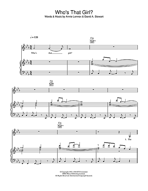 Preview Eurythmics Who's That Girl? Pop sheet music, notes and chords for Piano, Vocal & Guitar (Right-Hand Melody), SKU: 33136 sheet music, piano notes, chords, guitar tabs, score, transpose, transcribe, how to play, guide, download, learn, tutorial, progression, song, artist, awards, billboard, mtv, vh1, tour, single, album, release