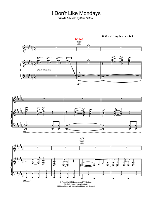 Preview The Boomtown Rats I Don't Like Mondays Rock sheet music, notes and chords for Piano, Vocal & Guitar (Right-Hand Melody), SKU: 33140 sheet music, piano notes, chords, guitar tabs, score, transpose, transcribe, how to play, guide, download, learn, tutorial, progression, song, artist, awards, billboard, mtv, vh1, tour, single, album, release