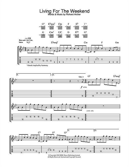 Preview Hard-Fi Living For The Weekend Rock sheet music, notes and chords for Guitar Tab, SKU: 33151 sheet music, piano notes, chords, guitar tabs, score, transpose, transcribe, how to play, guide, download, learn, tutorial, progression, song, artist, awards, billboard, mtv, vh1, tour, single, album, release