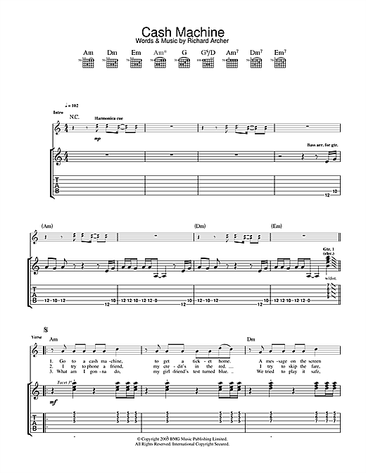 Preview Hard-Fi Cash Machine Rock sheet music, notes and chords for Guitar Tab, SKU: 33159 sheet music, piano notes, chords, guitar tabs, score, transpose, transcribe, how to play, guide, download, learn, tutorial, progression, song, artist, awards, billboard, mtv, vh1, tour, single, album, release