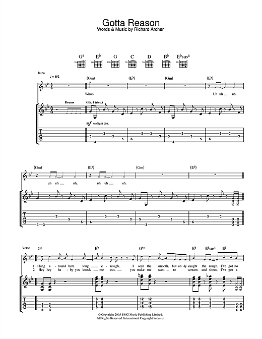 Preview Hard-Fi Gotta Reason Rock sheet music, notes and chords for Guitar Tab, SKU: 33161 sheet music, piano notes, chords, guitar tabs, score, transpose, transcribe, how to play, guide, download, learn, tutorial, progression, song, artist, awards, billboard, mtv, vh1, tour, single, album, release