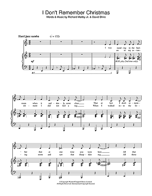 Preview Richard Maltby Jr. I Don't Remember Christmas (from Starting Here, Starting Now) Musicals sheet music, notes and chords for Piano & Vocal, SKU: 33163 sheet music, piano notes, chords, guitar tabs, score, transpose, transcribe, how to play, guide, download, learn, tutorial, progression, song, artist, awards, billboard, mtv, vh1, tour, single, album, release