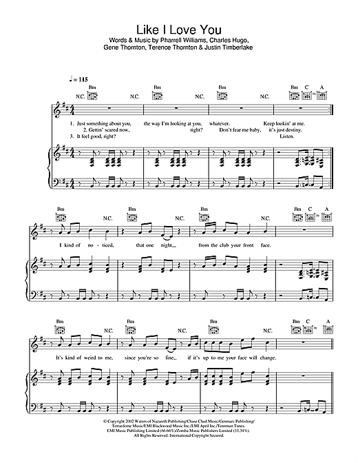 Preview Justin Timberlake Like I Love You R & B sheet music, notes and chords for Piano, Vocal & Guitar (Right-Hand Melody), SKU: 33165 sheet music, piano notes, chords, guitar tabs, score, transpose, transcribe, how to play, guide, download, learn, tutorial, progression, song, artist, awards, billboard, mtv, vh1, tour, single, album, release