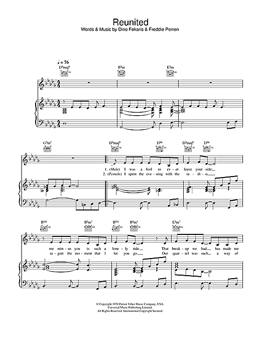 Preview Peaches & Herb Reunited Pop sheet music, notes and chords for Piano, Vocal & Guitar, SKU: 33167 sheet music, piano notes, chords, guitar tabs, score, transpose, transcribe, how to play, guide, download, learn, tutorial, progression, song, artist, awards, billboard, mtv, vh1, tour, single, album, release