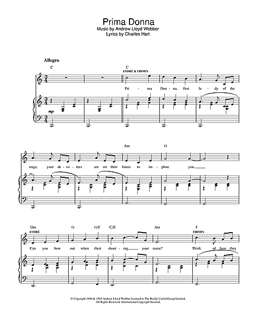 Preview Andrew Lloyd Webber Prima Donna (from The Phantom Of The Opera) Musicals sheet music, notes and chords for Piano, Vocal & Guitar (Right-Hand Melody), SKU: 33168 sheet music, piano notes, chords, guitar tabs, score, transpose, transcribe, how to play, guide, download, learn, tutorial, progression, song, artist, awards, billboard, mtv, vh1, tour, single, album, release