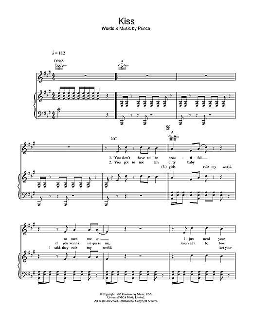 Preview Prince Kiss Pop sheet music, notes and chords for Piano, Vocal & Guitar (Right-Hand Melody), SKU: 33170 sheet music, piano notes, chords, guitar tabs, score, transpose, transcribe, how to play, guide, download, learn, tutorial, progression, song, artist, awards, billboard, mtv, vh1, tour, single, album, release