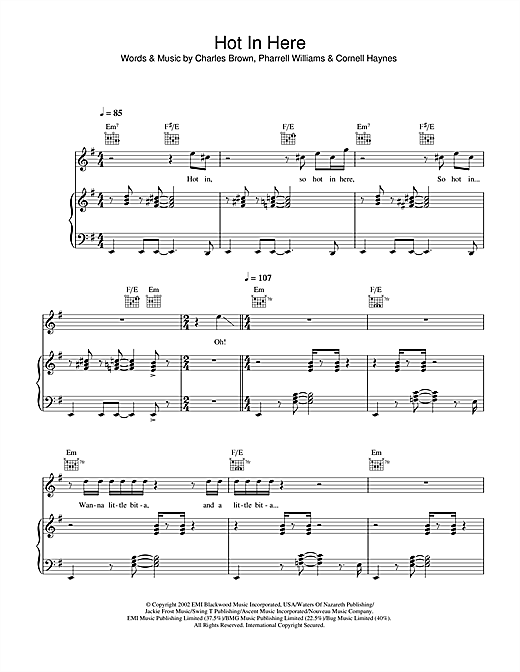 Preview Nelly Hot In Here R & B sheet music, notes and chords for Piano, Vocal & Guitar (Right-Hand Melody), SKU: 33173 sheet music, piano notes, chords, guitar tabs, score, transpose, transcribe, how to play, guide, download, learn, tutorial, progression, song, artist, awards, billboard, mtv, vh1, tour, single, album, release