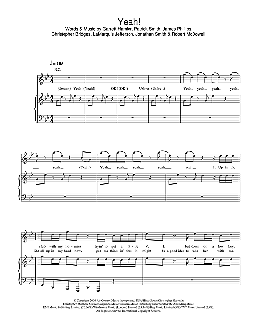 Preview Usher Yeah! (feat. Lil Jon & Ludacris) R & B sheet music, notes and chords for Piano, Vocal & Guitar (Right-Hand Melody), SKU: 33175 sheet music, piano notes, chords, guitar tabs, score, transpose, transcribe, how to play, guide, download, learn, tutorial, progression, song, artist, awards, billboard, mtv, vh1, tour, single, album, release