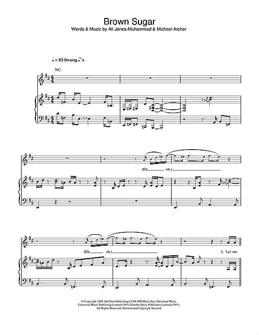 Preview D'Angelo Brown Sugar R & B sheet music, notes and chords for Piano, Vocal & Guitar (Right-Hand Melody), SKU: 33176 sheet music, piano notes, chords, guitar tabs, score, transpose, transcribe, how to play, guide, download, learn, tutorial, progression, song, artist, awards, billboard, mtv, vh1, tour, single, album, release