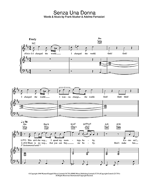 Preview Zucchero & Paul Young Senza Una Donna (Without A Woman) Ballad sheet music, notes and chords for Piano, Vocal & Guitar, SKU: 33178 sheet music, piano notes, chords, guitar tabs, score, transpose, transcribe, how to play, guide, download, learn, tutorial, progression, song, artist, awards, billboard, mtv, vh1, tour, single, album, release
